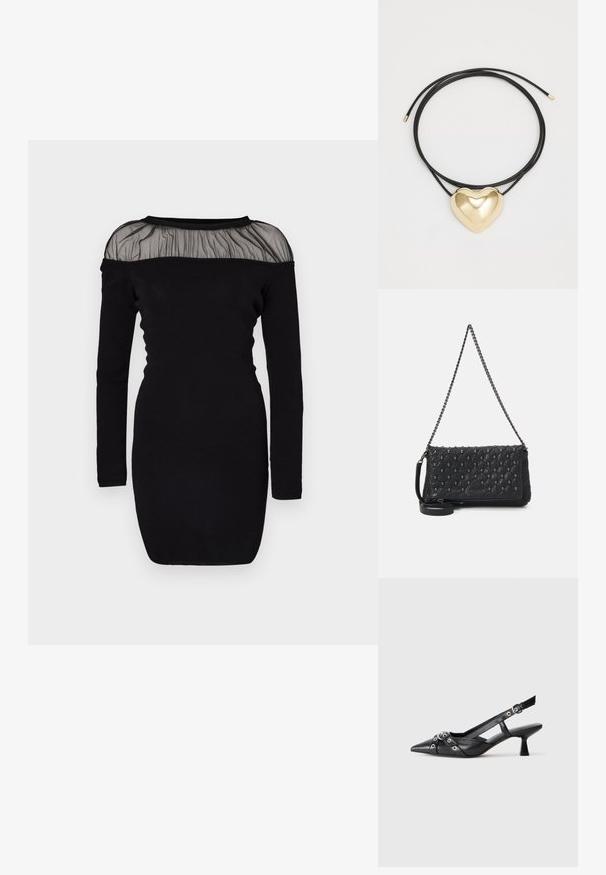 Black long-sleeve dress featuring a sheer, pleated mesh yoke. Fitted silhouette with a rounded neckline and ribbed cuffs.; Black leather slingback shoe with a pointed toe, decorative straps featuring metal eyelets, and a low block heel. Textured surface.; Black quilted leather bag with a chain strap, featuring skull accents and a zip closure. Textured surface with a glossy finish.; Black braided cord necklace featuring a polished gold heart pendant with smooth curves and a glossy finish.