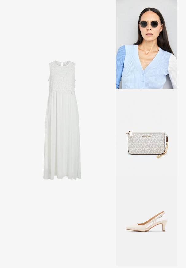 Bílá maxi šaty s krajkovou korzetou, zaobleným výstřihem a klíčovou zadní částí. Sukně je splývavá s hladkou texturou.; Bílé lodičky na podpatku s špicatou špičkou, hladkým svrškem, nízkým blokovým podpatkem a designem s bočním výřezem se stahovací sponou.; Kulaté sluneční brýle s tmavými čočkami a zlatými rámy. Modelka má na sobě světle modrý žebrovaný kardigan s knoflíky a kontrastními bílými rukávy.; Kabelka na zápěstí Michael Kors v béžové potažené plátno s opakujícím se vzorem loga MK, zlatými kovovými doplňky a odnímatelným řetízkovým popruhem.