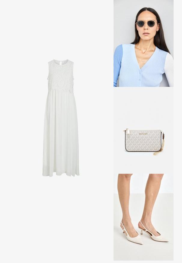 Hvit maxi-kjole med en blondekropp, rund halslinning og nøkkelhullsrygg. Skjørten er luftig med en glatt tekstur.; Beige patent lærstøvletter med spidse tå og 5 cm hæl, med udskårne sider og en tynd ankelrem.; Runde solbriller med mørke linser og guldrammer. Modellen har en lyseblå, ribbet cardigan med knapper og kontrast hvide ærmer på.; Michael Kors håndleddsveske i beige belagt kanvas med et gjentakende MK-logo mønster, gullfarget maskinvare og en avtakbar kjede-rem.