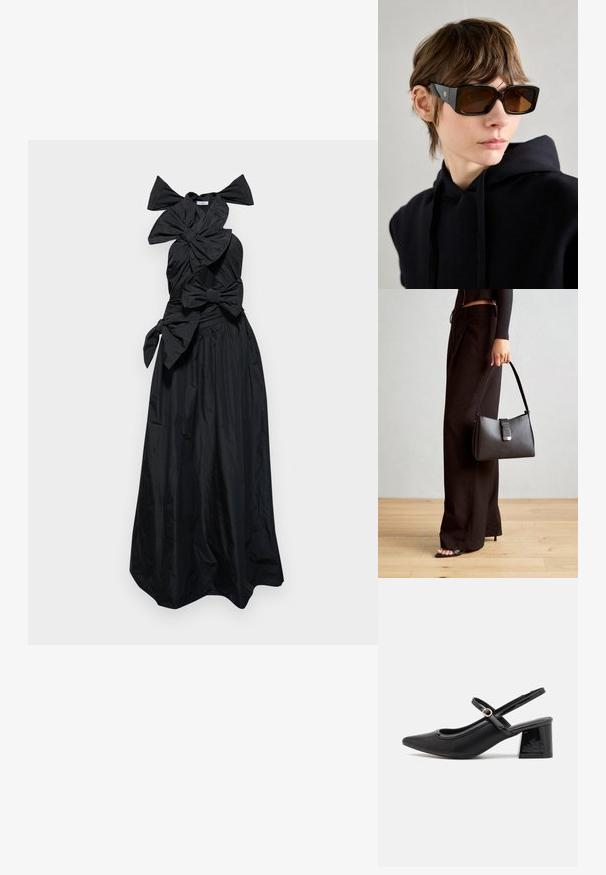 Viktor&Rolf DRAPE BOW GOWN - Gallakjole - black; Sorte patentlæder slingback hæle med spids tå, rund udskæring og blokhæl. Har en guldtonet spændeaccents.; Store sorte oversized solbriller med en blank finish, rektangulær form, brune tonede linser og guld logo detalje på stængerne.; Sort håndtaske med struktureret form, glat overflade og metalspænde. Sammen med brede sorte bukser og sandaler med åben tå på trægulv.