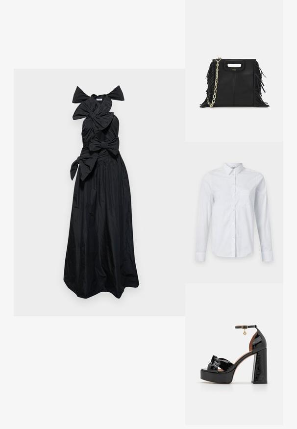 Viktor&Rolf DRAPE BOW GOWN - Abiti per occasioni speciali - black; Camicia bianca a maniche lunghe realizzata in cotone. Presenta un'apertura a bottoni sul davanti, colletto a punta e una tasca sul petto sul lato sinistro.; Maje Sandali con tacco - noir; Borsa a tracolla in pelle nera con dettagli a frangia, catena dorata e manico ritagliato. Presenta il logo sulla parte anteriore.