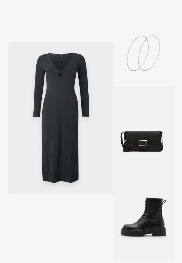 Vestido de canalé gris oscuro de manga larga con escote en V y un pequeño corte, ajustado al cuerpo.; Botas de cuero negras hasta el tobillo con punta redonda, cordones en la parte delantera y una suela de goma gruesa con un dibujo texturizado. Tirador en la parte trasera.; Bolso de mano de cuero negro con una solapa y un detalle de hebilla de metal dorado. Incluye una correa negra y un diseño elegante y minimalista.; Pendientes de aro plateados con un diseño minimalista. Forma circular, textura suave y perfil delgado. Livianos con un acabado pulido.