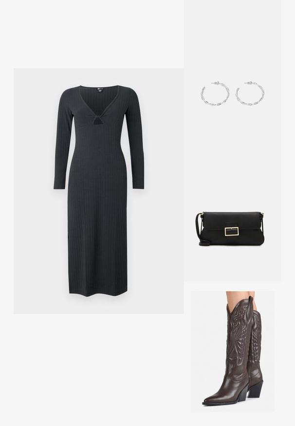 Dunkelgraues, langärmliges, geripptes Kleid mit V-Ausschnitt und einem kleinen Ausschnitt im Detail sowie einer figurbetonten Silhouette.; Braune Leder-Cowboy-Stiefel mit spitzem Punkt und Blockabsatz, die über detaillierte Stickereien und hervorgehobene Akzente am Schaft verfügen.; Schwarze Leder-Clutch mit Klappe und goldfarbenem Metallschnallen-Detail. Enthält einen schwarzen Riemen und ein schlankes, minimalistisches Design.; Silberne Creolen mit gedrehter Gestaltung, ausgestattet mit einer polierten Oberfläche und einer Steckverschluss. Sie haben einen Durchmesser von ca. 3 cm.