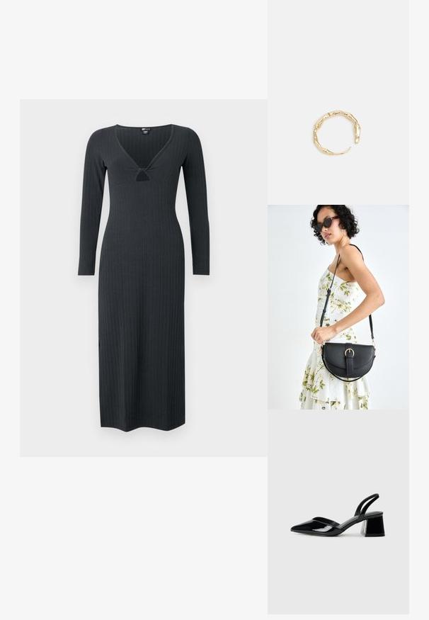 Tamsiai pilka, ilgos rankovės smulkiai raukšlėta suknelė su V formos iškirpte ir maža išpjova, puikiai priglundanti prie kūno.; Juodos lakuotos odinės šlepetės su smailiu pirštu ir geometriniu bloko kulnu. Turi elegantišką, minimalistinį dizainą ir lygų paviršių.; Juodas odinis krepšys su išlenkta forma, nuimamu dirželiu ir auksiniais detalėmis. Krepšys turi kilpą su sagtimi.; Auksinės spalvos žiedas, turintis organišką, sukimosi dizainą su lygiu paviršiumi ir siaurėjančiais galais, sukuriantis modernią skulptūrinę išvaizdą.