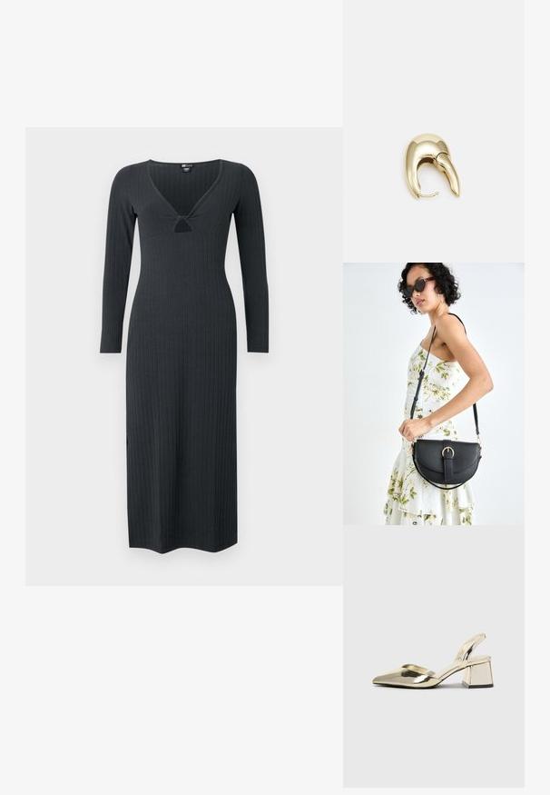 Tumši pelēks, garas piedurknes ribotais kleita, piedāvājot V veida kakla izgriezumu ar mazu griezuma detaļu un pieguļošu siluetu.; Zeltaini, metāla kurpes ar siksniņām, norakans purngalis un masīla papēdis. Gluda tekstūra, minimālisma dizains un šaura siksna.; Melnas ādas rokassoma ar izliekta formu, noņemamu siksnu un zelta aksesuāriem. Somai ir vāciņš ar sprādzes detaļu.; Zeltīti metāla auskari ar gludu, izliekta dizaina. Ar atšķirīgu smailu formu, pulētu virsmu un eņģu aizdari.