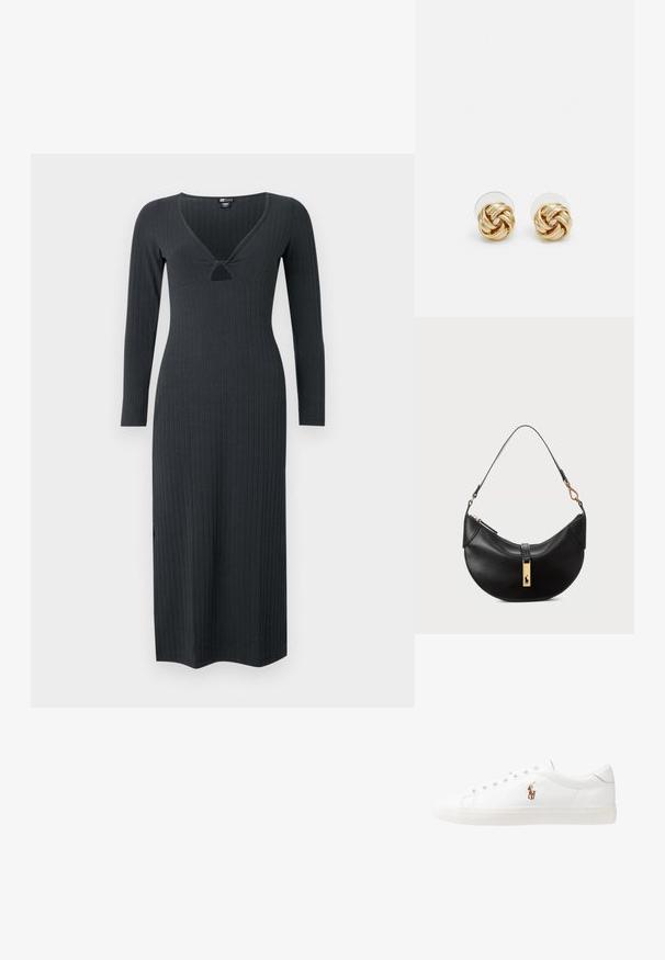 Robe côtelée gris foncé à manches longues arborant un décolleté en V avec un petit détail découpé et une silhouette ajustée.; Baskets en cuir blanc, design bas, avec une texture lisse, bout rond, lacets à l'avant et un petit logo brodé sur le côté.; Sac à main en cuir noir en forme de demi-lune. Doté d'un accent en métal doré et d'une sangle étroite. Texture lisse, fermeture éclair sur le dessus.; Boucles d'oreilles avec clou en métal doré et design torsadé. Chaque boucle d'oreille est dotée d'un arrière transparent circulaire pour un port sécurisé.