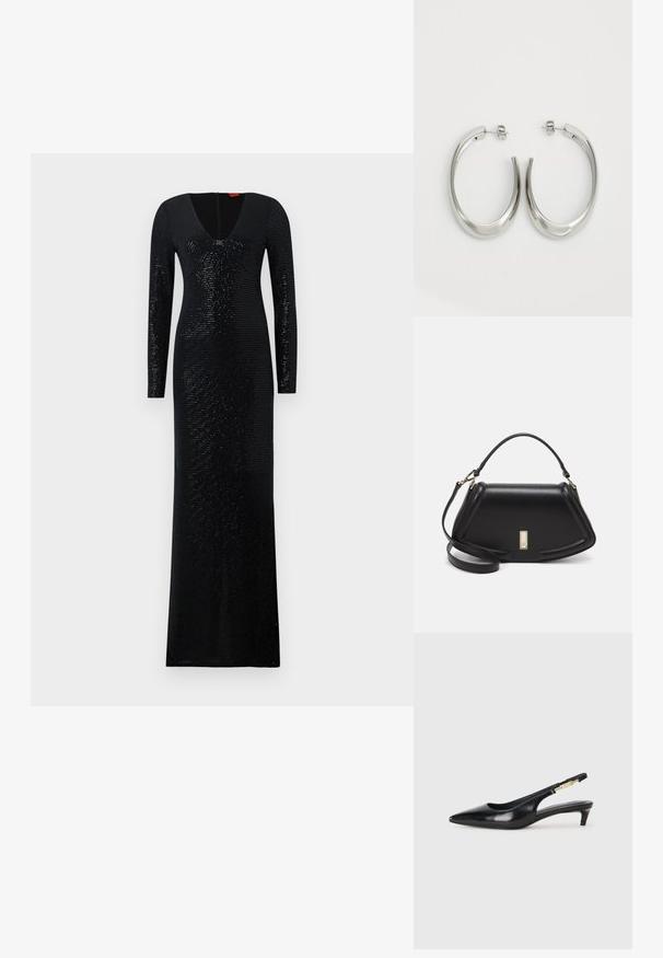 Dlouhá černá šaty s výstřihem do V a dlouhými rukávy. Vyrobeno z texturované látky se svislými pruhy a třpytivými flitry po celém povrchu.; Černé kožené boty na podpatku s otevřenou patou a špičatou špičkou, s tenkým podpatkem a zlatým akcentem na nastavitelném pásku. Hladký povrch.; Černá kožená kabelka se strukturovaným designem, jejíž tvar je zkrácený, má horní rukojeť a zlaté kovové detaily. Součástí je i nastavitelný ramenní popruh.; Stříbrné kruhové náušnice s hladkým, zakřiveným designem. Vyznačují se lesklým kovovým povrchem a zapínáním na patent. Žádné viditelné vzory nebo akcenty.
