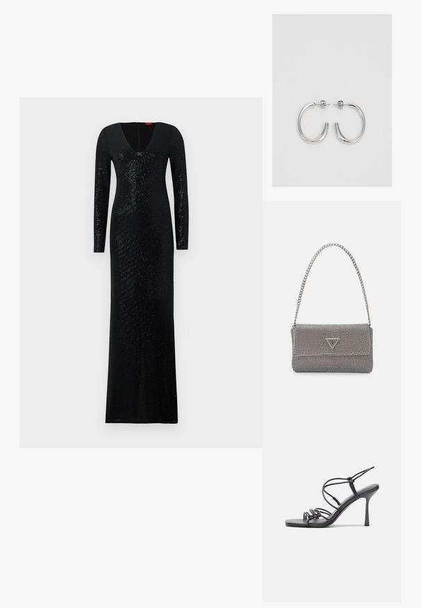 Hosszú fekete ruha V-alakú nyakkivágással és hosszú ujjakkal. Strukturált anyagból készült, függőleges csíkokkal és csillogó flitterekkel az egész felületen.; Fekete magas sarkú szandálok vékony pántokkal, csomózott mintával, sima négyzetes orral és karcsú stiletto sarkal rendelkeznek.; Világosszürke fémes kézitáska lánc pánttal, kis kör alakú fém kifinomult díszítéssel és háromszög alakú márkagéppel.; Ezüst karika fülbevalók sima, fényes felülettel. Lekerekített forma, könnyű kialakítással, tűs zárómechanizmussal.