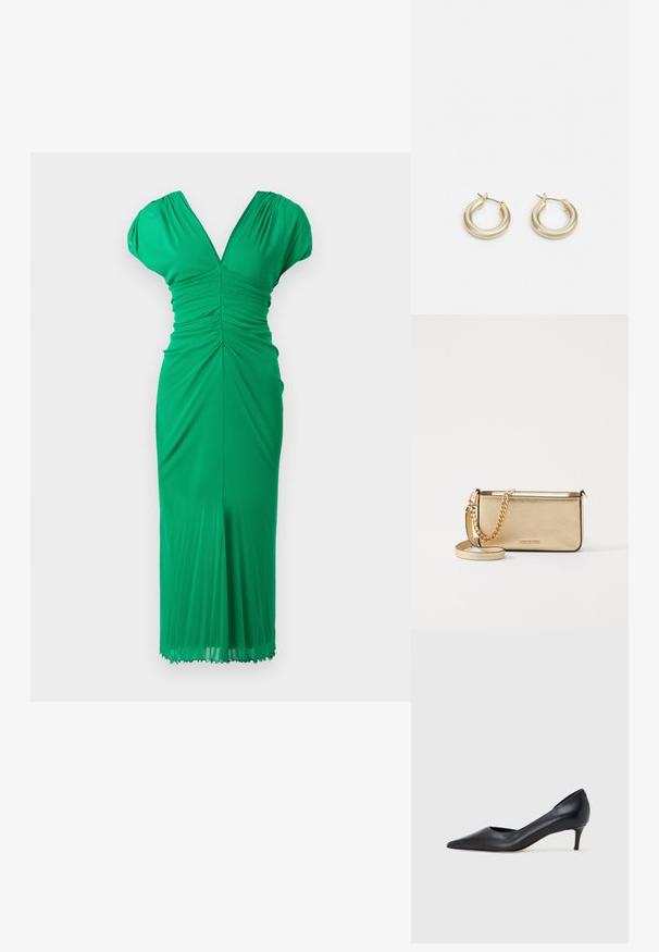 Zaļš ceļa garuma kleita, kas izgatavota no elastīga auduma, ar V veida kaklu, savilktiem detaļām, piedurknēm ar kapuci un piegulošu siluetu.; Melna ādas kurpe ar smailu purngalu un zemu papēdi. Raksturota ar gludu tekstūru un smalku spīdumu. Priekša ar atvērtu izgriezumu papildu detaļai.; Metālisks zelta ādas klipsis ar teksturētu apdari, ar zelta ķēdes siksniņu un noņemamu pleca siksniņu. Zīmola logo iepresēts.; Lauren Ralph Lauren BASIC SMALL HOOP - Auskari - gold-coloured