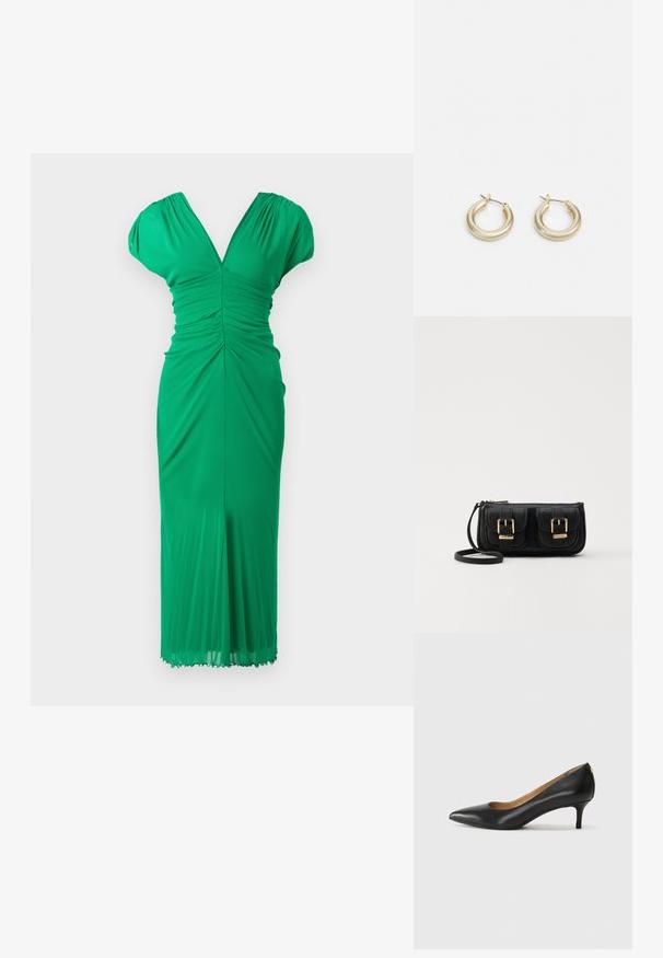 Rochie verde până la genunchi, fabricată dintr-un material elastic, având decolteu în V, detalii plisate, mâneci scurte și o siluetă ajustată.; Pantofii din piele neagră au vârful ascuțit, toc mic și o textură netedă. Au o deschidere ușoară în față și un hardware minim în spate.; Geantă neagră din piele, tip crossbody, cu două buzunare frontale, catarame aurii, închidere cu fermoar și o curea subțire. Suprafață texturată și formă rectangulară compactă.; Lauren Ralph Lauren BASIC SMALL HOOP - Cercei - gold-coloured