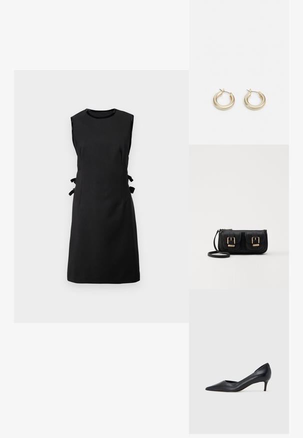 Schwarzes ärmelloses Kleid aus glattem Stoff, mit seitlichen Schleifen, einem runden Ausschnitt und einer taillierten Taille, mit einem geraden Rock.; Schwarzer Pumps aus Leder mit spitzer Zehenpartie und niedrigem Absatz. Verfügt über eine glatte Textur und dezenten Glanz. Vordere Öffnung für ein zusätzliches Detail.; Schwarze Leder-Umhängetasche mit zwei vorderen Taschen, goldenen Schnallen, Reißverschluss und einem schmalen Tragegurt. Texturierte Oberfläche und kompakte rechteckige Form.; Lauren Ralph Lauren BASIC SMALL HOOP - Ohrringe - gold-coloured