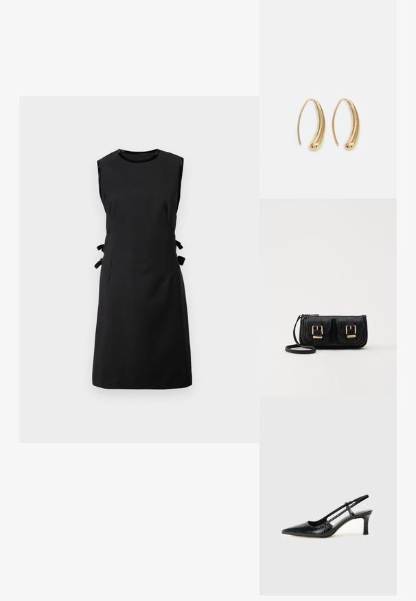 Svart ermeløs kjole i et glatt stoff, med sidesløyfer, rund halsringning og et figursydd liv, samt en rett skjørt.; Sorte patent slingback hæl med spids tå, featuring tekstureret slangeskind, justerbar rem og en kort, tekstureret blokhæl.; Svart skinn crossbody veske med to frontlommer, gyldne spenner, glidelåslukking og en slank stropp. Teksturert overflate og kompakt rektangulær form.; Gullfargede metalløredobber med en buet, forlenget form. Har en jevn, blank overflate og en avrundet tupp for ekstra detaljer.