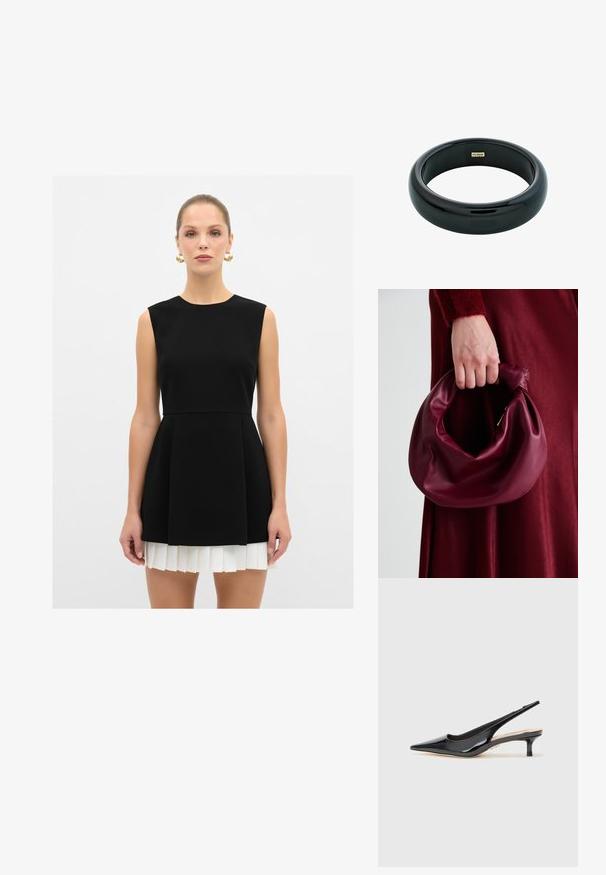 Černé šaty bez rukávů s přiléhavým korzetem a skládací bílou sukní, s kulatým výstřihem a hladkým povrchem.; Černé lakované kožené lodičky se špičatou špičkou a štíhlým středně vysokým podpatkem. Hladký povrch s minimalistickými designovými prvky.; Burgundská kožená kabelka s měkkým, nabíraným designem a zaobleným tvarem. Ucho je zajištěné a vykazuje hladkou texturu.; Černý pryskyřicový náramek s hladkým, lesklým povrchem a zaoblenými okraji. Na vnitřní straně se nachází malé zlaté logo "Pilgrim".