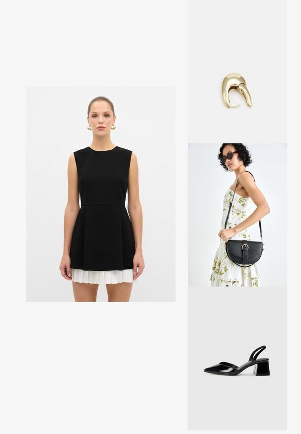 Schwarzes ärmelloses Kleid mit eng anliegendem Oberteil und plissiertem weißen Rock, mit rundem Ausschnitt und glatter Textur.; Schwarze Lackleder-Slingback-High Heels mit spitzem Schuh und einem geometrischen Blockabsatz. Verfügt über ein schlankes, minimalistisches Design und eine glatte Textur.; Schwarze Lederhandtasche mit geschwungener Form, abnehmbarem Tragegurt und goldenen Beschlägen. Die Tasche verfügt über einen Deckel mit einer Schnallen-Details.; Ohrringe aus goldfarbenem Metall mit einem schlanken, geschwungenen Design. Sie verfügen über eine markante, spitze Form, eine polierte Oberfläche und einen Scharnierverschluss.