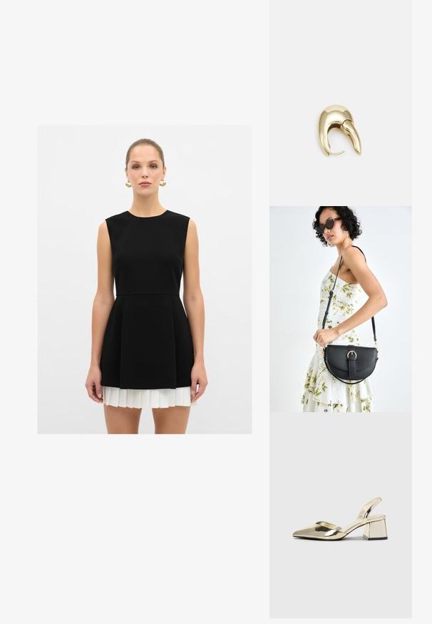 Zwart mouwloos jurkje met een aansluitend lijfje en een geplooide witte rok, met een ronde halslijn en een gladde textuur.; Gouden, metalen slingback hakken met een spitse neus en een chunky hak. Glad oppervlak, minimalistisch ontwerp en een smalle band.; Zwarte leren handtas met een gebogen vorm, afneembare schouderband en gouden hardware. De tas heeft een klep met een gespsluiting.; Gouden metalen oorbel met een slank, gebogen ontwerp. Beschikt over een kenmerkende puntige vorm, gepolijste oppervlakte en scharnier sluiting.