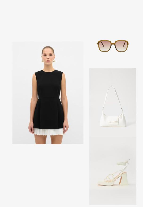 Schwarzes ärmelloses Kleid mit eng anliegendem Oberteil und plissiertem weißen Rock, mit rundem Ausschnitt und glatter Textur.; Weiße High-Heel-Sandale mit einem klobigen Absatz, die über ein Riemchendesign und ein Knöchelband verfügt. Glatte Textur mit einer Plattform vorne für zusätzliche Höhe.; Quadratische Sonnenbrille mit einem hellbraunen transluzenten Rahmen, gradienten pinken Gläsern und dunkelbraunen Bügeln. Minimalistisches Design mit subtilen Hardware-Akzenten.; Weiße synthetische Handtasche in dreieckiger Form, flache Vorderklappe und Schleifendetail, verstellbarer Trageriemen, glatte Textur und minimalistisches Design.