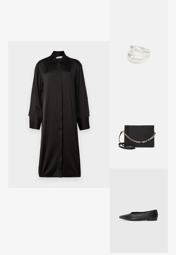 Musthave musta, pikkade varrukatega kleit kaelusega, valmistatud siledast kangast. Omab sirget siluetti ja täispikkust nööpidega sulgemist.; Musthave mustris balletkingad, terav nina, minimaliseeritud disain, sile pind, madal konts, ilma nähtava riistvara või kaunistusteta.; Mustast nahast õlakott, mis omab siledat tekstuuri, ristküliku kuju ning esiküljel metallketi detaili. Reguleeritav rihm on kaasas.; Hõbedane kahekordne rõngas sujuva, poleeritud pinnaga. Omab voolavat, kõverat disaini, millel on kattuvad sektsioonid, et saavutada kaasaegne ilme.