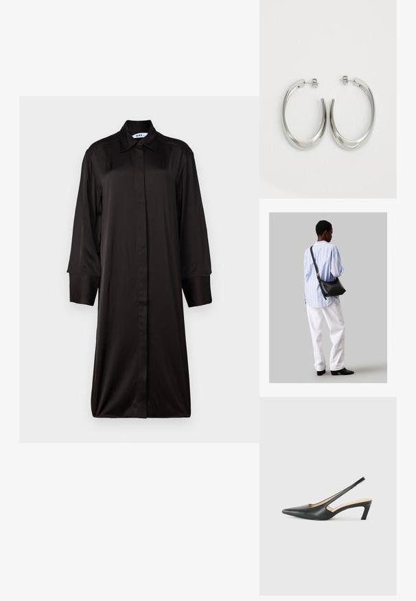 Musthave musta, pikkade varrukatega kleit kaelusega, valmistatud siledast kangast. Omab sirget siluetti ja täispikkust nööpidega sulgemist.; Must mustaga, terav varvas, madala kontsaga sildiga king, mis on valmistatud siledast nahast ja mille küljel on lõike disain hingavuse tagamiseks.; Must have mustras alasi nahkpatsi, pehme tekstuuriga, kolmnurkse kujuga ja reguleeritava rihmaga, koos helesinise triibulise särgi ja valgete pükstega.; Hõbe rõngas kõrvarõngad, millel on sujuv ja kõver kuju. Omab läikivat metallist viimistlust ja nupuga sulgemist. Pole nähtavaid mustreid ega aksessuaare.