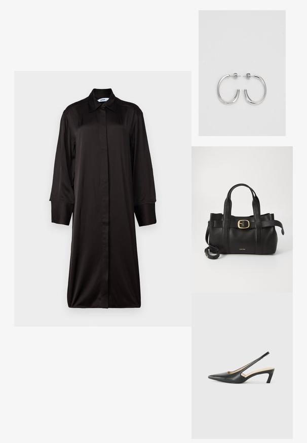 Čierne šaty s dlhým rukávom a golierom, vyrobené z hladkej tkaniny. Majú rovný strih a plnoplošne zapínanie na gombíky.; Čierne slingback topánky s ostrou špičkou a nízkym opätkom, vyrobené z hladkej kože a s výrezmi na boku pre lepšiu priedušnosť.; Čierna kožená kabelka s štruktúrovaným dizajnom, dvojitými hornými uchopiteľmi, zlatým prackovým akcentom a embosovaným logom značky na prednej strane.; Strieborné kruhové náušnice s hladkým a lesklým povrchom. Okrúhly tvar, ľahký dizajn, s uzáverom na kolík.