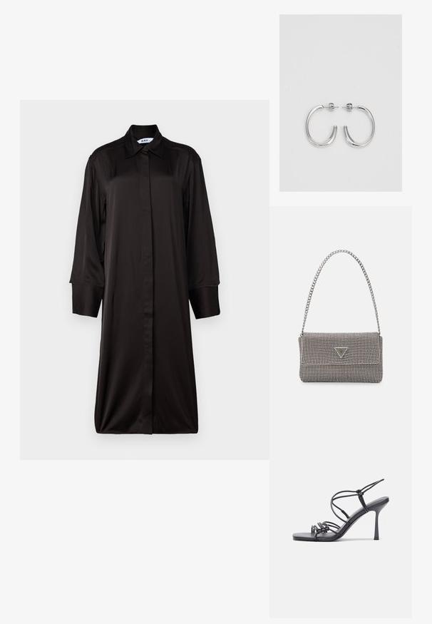 Czarna sukienka z długim rękawem i kołnierzykiem, wykonana z gładkiego materiału. Posiada prosty krój i pełne zapięcie na guziki.; Czarne sandały na wysokim obcasie mają cienkie paski z węzłowym wzorem, gładki, kwadratowy czubek i smukły obcas w stylu szpilki.; Jasnoszara metaliczna torebka na łańcuszku, ozdobiona małymi okrągłymi metalowymi ćwiekami oraz trójkątnym logo marki.; Srebrne kolczyki na biglu o gładkim, błyszczącym wykończeniu. O zaokrąglonym kształcie, lekkim designie, z zamknięciem na zatrzask.
