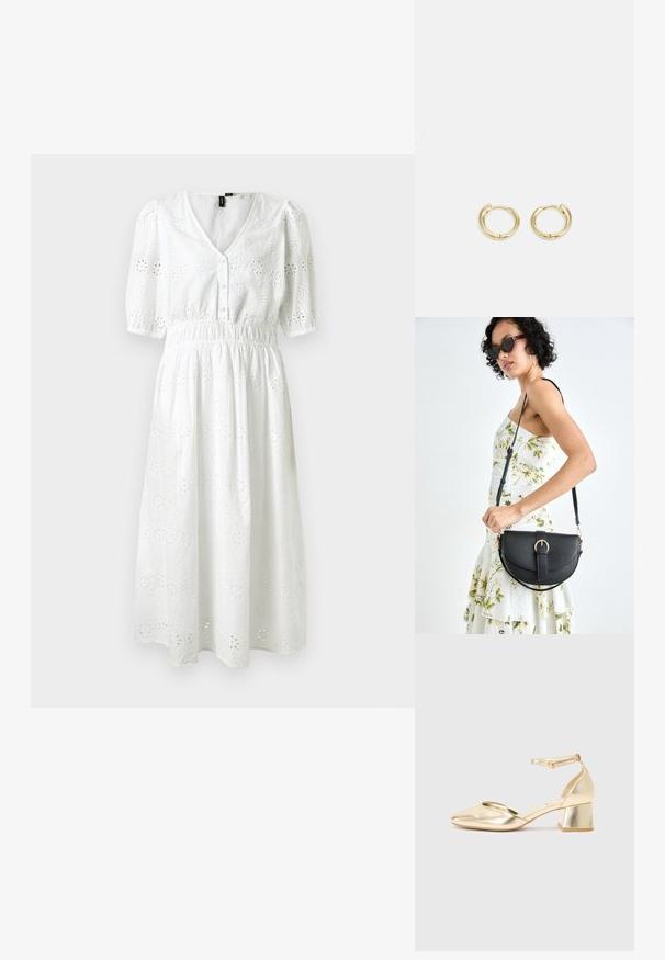 Valkoinen puuvillamekko, jossa on lyhyet puffihihat, V-neck, napitus, elastinen vyötärö ja kukallinen reikäkuvio koko mekossa.; Kultaiset metalliset korkokengät, joissa on pyöreä kärki, nilkkaremmillä ja matalalla tukikorkealla. Sujuva pintatekstuuri ja kiiltävä viimeistely.; Musta nahkainen käsilaukku, joka on kaareva muotoilultaan, irrotettavalla hihnalla ja kultaisilla yksityiskohdilla. Laukussa on läppä, jossa on solk yksityiskohta.; Kultaketjuveljet, joissa on sileä ja pyöristetty muotoilu. Varustettu pienellä saranalukolla, kevyen näköinen ja kiiltävä pinta.