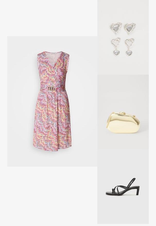 Sleeveless wrap dress with a v-neck, featuring a colorful zigzag pattern in pink, yellow, and blue, cinched at the waist with a metal belt.; Black strappy sandal with a square toe and a low block heel. Features multiple thin straps and an adjustable ankle strap. Made of smooth leather.; Metallic gold clutch with a smooth, rounded shape, featuring a top button clasp and a small chain strap for carrying.; Silver heart-shaped earrings feature faceted clear stones, with a textured frame. The set includes stud and drop styles.