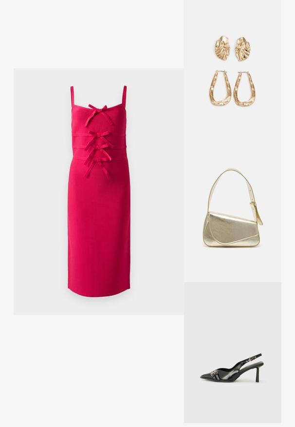 Pielāgota, bezpiedurkņu kleita spilgti rozā audumā. Izejama teksturēta virsma un dekoratīvas lentītes gar priekšpusi. Taisna apakšmalas. ; Melnā patentēta ādas sandale ar norādītu purngalu, potītes siksniņām ar sudraba sprādzēm un aparatūru, kā arī smalku papēdi.; Zelta metāla somiņa ar strukturētu dizainu, gludu tekstūru un regulējamu siksniņu. Iezīmējas ar unikālu trīsstūrveida formu un minimālistisku šuvumu.; Zelta krāsas auskari ar teksturētām, viļņotām formām. Iekļauts skulpturāls piespraužams modelis un atvērta gredzenveida konstrukcija ar izsistām virsmām.