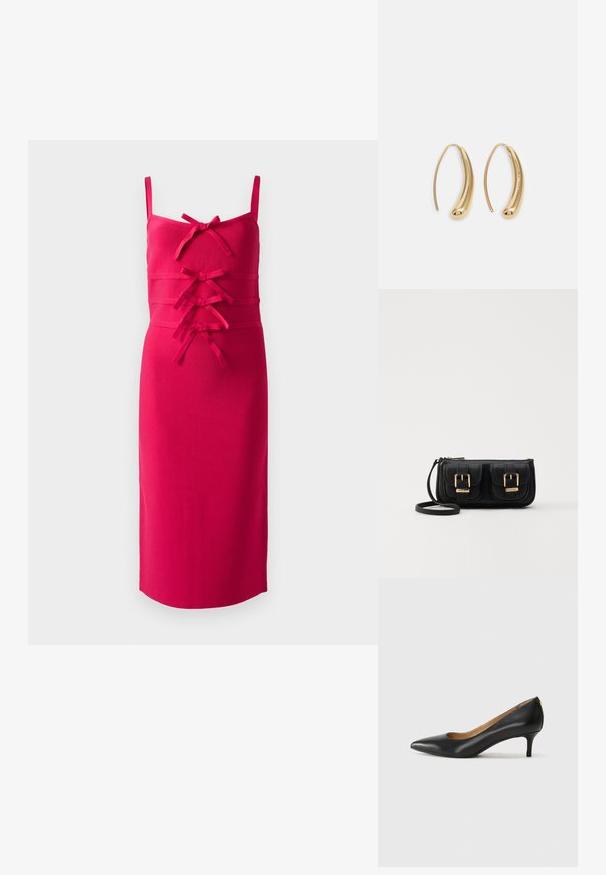 Feszes, ujjatlan ruha élénk rózsaszín anyagból. Érdes felülete és dekoratív masnik találhatók elöl. Egyenes szegély.; Fekete bőrpumpa hegyes orral, alacsony sarokkal és sima felülettel. Elöl enyhe nyílással rendelkezik, hátul pedig minimális részletezéssel.; Fekete bőr keresztbody táska két elülső zsebbel, arany csattokkal, cipzáras záródással és vékony pánttal. Textúrált felület és kompakt téglalap alak.; Aranyszínű fémből készült karika fülbevalók ívelt, hosszúkás formával. Simaságával és fényes felületével, valamint lekerekített végével további részletekkel bővül.