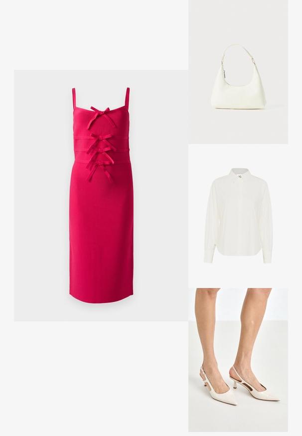 Rochie ajustată, fără mâneci, dintr-un material roz strălucitor. Prezintă o suprafață texturată și fundițe decorative pe față. Croială dreaptă la margine.; Cămașă albă cu guler clasic, mâneci lungi și croială lejeră. Fabricată dintr-un material ușor, cu o textură fină.; Cizme slingback din piele vopsită bej, cu vârf ascuțit și toc de 5 cm, având laterale decupate și o curea subțire la gleznă.; Geantă mică albă pentru umăr, cu o curea ajustabilă și închidere cu fermoar, pe un fundal alb simplu.