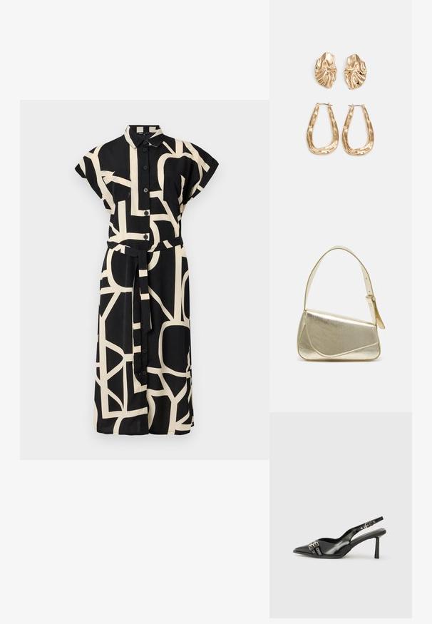 Sort kjole med korte ærmer, med knaplukning foran og et bælte med slipse. Den har et geometrisk mønster i cremefarve og to brystlommer.; Sorte patenterede læderslagback sko med spids tå, ankleremme med sølvspænder og hardware samt en slank hæl.; Guldmetallisk håndtaske med et struktureret design, glat tekstur og justerbar rem. Har en unik trekantet form og minimalistisk syning.; Guldtonede øreringe med teksturerede, bølgede former. Inkluderer skulpturelle clips og en åben ringdesign med en hamret finish.