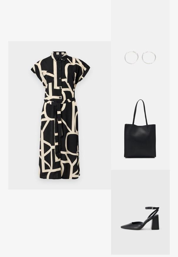 Czarna sukienka z krótkim rękawem, z przodem zapinanym na guziki i paskiem do przewiązania. Posiada geometryczny kremowy wzór oraz dwie kieszenie na piersi.; Czarne skórzane czółenka z ostrym noskiem, z paskiem na kostce i grubym obcasem. Gładka faktura, elegancki design i minimalistyczna estetyka.; Czarna skórzana torba tote o gładkiej fakturze, prostokątnym kształcie i dwóch długich uchwytach. Brak widocznych elementów metalowych i ozdób.; Srebrne kolczyki w kształcie obręczy o gładkim, okrągłym designie, charakteryzujące się gładką powierzchnią i brakiem widocznych ozdób. Średnica nieokreślona.