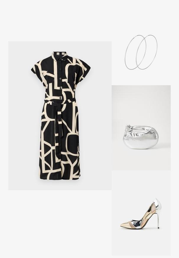 Juoda suknelė su trumpomis rankovėmis, puošta mygtukų užsegimu ir diržo kaklo raišteliu. Ji turi geometrinį kremišką raštą ir dvi krūtinės kišenes.; Aštrus pirštas aukštakulnis batelis su sidabro, aukso ir nuogų spalvų deriniu. Blizgus paviršius su išpjovos dizainu, su stiletto kulnu.; Sidabrinė metalinė maišelio forma su švelnia, apvalia forma ir mazgu užveriamu viršumi. Pagaminta iš lygios dirbtinės odos medžiagos.; Sidabrinės pusmėnulio auskarai minimalistiniu dizainu. Apskritimo forma, lygus paviršius ir plonas profilis. Lengvi su poliruotu apdailu.