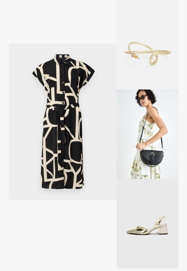 Czarna sukienka z krótkim rękawem, z przodem zapinanym na guziki i paskiem do przewiązania. Posiada geometryczny kremowy wzór oraz dwie kieszenie na piersi.; Złote, metaliczne szpilki z boku z wydłużonym noskiem i grubym obcasem. Gładka faktura, minimalistyczny design i wąski pasek.; Czarna skórzana torebka o zakrzywionym kształcie, z odpinanym paskiem i złotymi akcentami. Torebka posiada klapę z zapięciem w kształcie klamry.; Złota metalowa bransoletka o płynnej, zakrzywionej formie. Ma mały, wyraźny, srebrny akcent na jednym końcu.