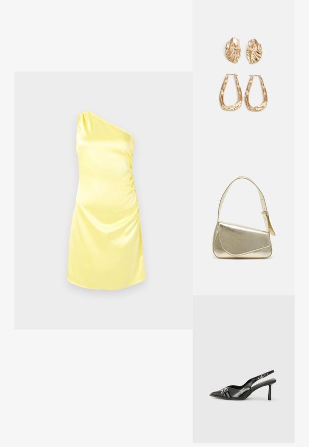Šaty z hladkého žltého saténu s jedným ramienkom a nariasením na boku. Hladká textúra, krátka dĺžka a priliehavý strih. Čistý, moderný silueta.; Čierne lakované kožené slingback topánky s špicatou špičkou, remienkami okolo členku s striebornými prackami a hardvérom, a štíhlým podpätkom.; Zlatá metalická kabelka so štruktúrovaným dizajnom, hladkou textúrou a nastaviteľným popruhom. Obsahuje jedinečný trojuholníkový tvar a minimalistické šitie.; Náušnice v zlatej farbe s textúrovanými, vlnitými tvarmi. Obsahujú sochárske klipsové náušnice a otvorený tvar krúžku s kladivkovým povrchom.