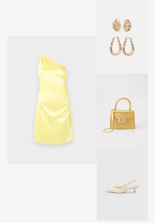 Egy vállra való, sárga selyemruha, oldalán redőzéssel. Simas textura, rövid hossz és testhezálló dizájn. Tiszta, modern sziluett.; Hegyes orrú, off-white bőrből készült slingback cipők, kis masnival és alacsony, kislányos sarokkal. Simogató, minimalista design.; Sárga műbőr krokodil mintás kézitáska strukturált kialakítással, felső fogantyúval, leválasztható lánccal és díszes kristály díszítéssel a záron.; Aranyszínű fülbevalók, texturált, hullámos formákkal. Tartalmazza a szobrászati klipszes studokat és az open hoop kialakítást, kalapácsos felülettel.
