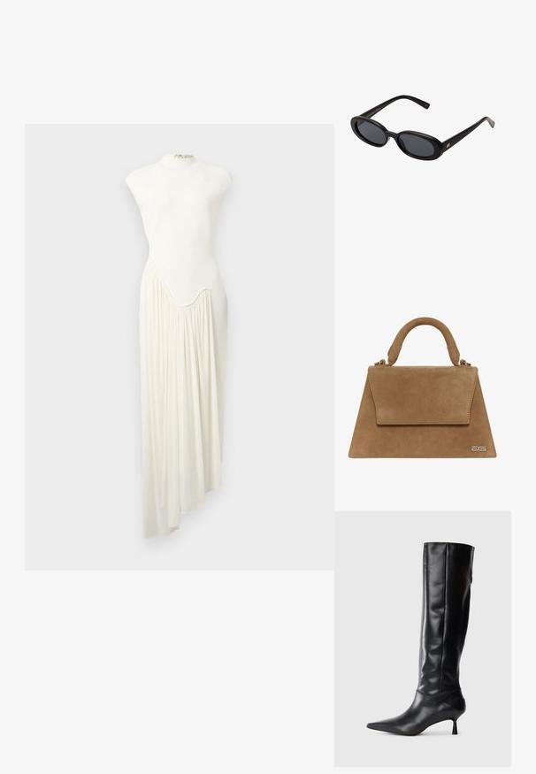 Hosszú, aszimmetrikus ruha fehér anyagból, magas nyakkal és az egyik oldalon hullámzó, redőzött szoknyával. Sima textúra és minimális dizájn.; Fekete bőr, térd fölé érő csizma hegyes orral és karcsú, ívelt sarokkal. Sima tapintás, testhez simuló kialakítás, és látható fémalkatrészek vagy minták nélkül.; Fekete, oversize napszemüveg ovális lencsékkel, sima műanyag kerettel és arany részletekkel a fülpánton. Sötét lencséi védelmet nyújtanak a napfény ellen.; Barna velúr táska, amely struktúrált háromszög alakú, tetején fogantyúval és fedélzárral rendelkezik. Oldalán diszkrét logó részlet található.