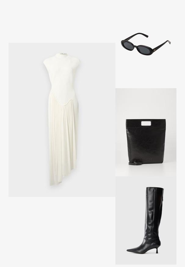 Dlhé asymetrické šaty z bielej látky, s vysokým golierom a plynulo padajúcou, na jednej strane nazbieranou sukňou. Hladká textúra a minimalistický dizajn.; Čierna kožená vysoká čižma po kolená s špicatou špičkou a štíhlym zakriveným opätkom. Hladká textúra, priliehajúci dizajn a žiadne viditeľné kovanie alebo vzory.; Čierne oversized slnečné okuliare s oválnymi šošovkami, hladkým plastovým rámom a zlatými akcentmi na straniciach. Tmavé šošovky poskytujú ochranu pred slnkom.; Čierna kožená taška cez rameno so štvorcovou rukoväťou, ktorá má textúrovaný povrch a embosované logo. Obsahuje odnímateľný popruh.