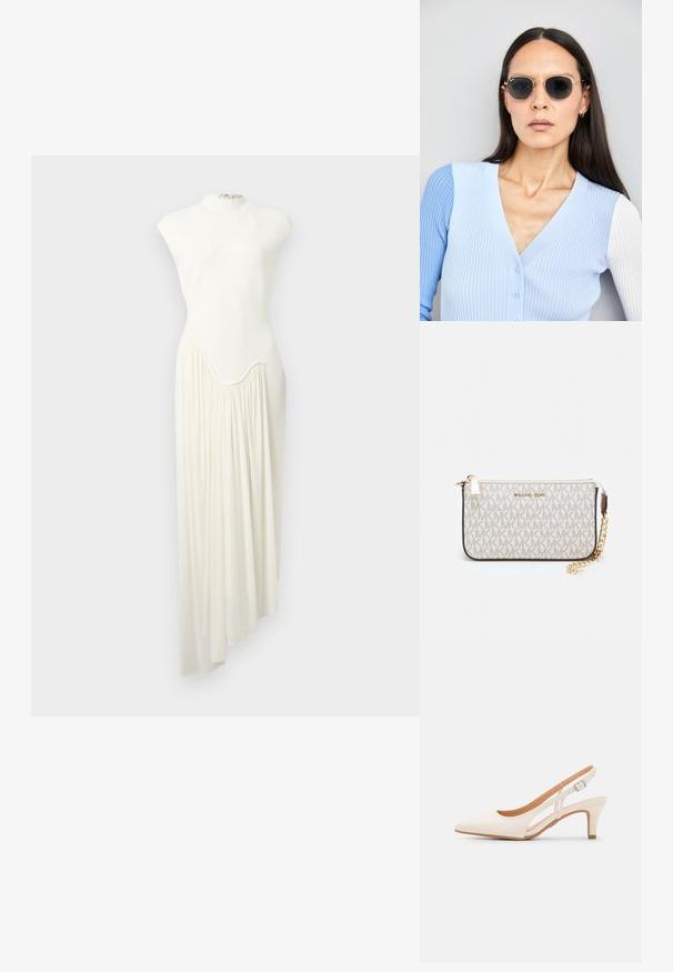 Hosszú, aszimmetrikus ruha fehér anyagból, magas nyakkal és az egyik oldalon hullámzó, redőzött szoknyával. Sima textúra és minimális dizájn.; Fehér slingback sarok, hegyes orral, sima felső anyaggal, alacsony blokk sarkával és oldalsó kivágott dizájnnal, állítható csatpánttal.; Kerek napszemüveg sötét lencsékkel és arany kerettel. A modellen világoskék, bordázott kardigán van gombokkal és kontrasztos fehér ujjaival.; Michael Kors bézs bevonatos vászon karkötő, amely ismétlődő MK logó mintával, aranyszínű fémrészletekkel és levehető lánchordóval rendelkezik.