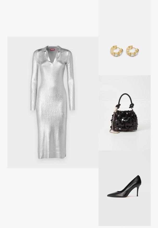 Abito metallico argenteo con collo a camicia, maniche lunghe e siluetta aderente. Il tessuto ha una finitura testurizzata e luccicante.; Décolleté in pelle nera con tacco alto, punta appuntita, texture liscia e design elegante. Presenta un tacco sottile e rialzato e una parte frontale bassa.; Mini borsa a tracolla nera in paillettes con una tracolla texturizzata annodata e catena argentata. Forma rotonda con parte superiore arricciata e dettagli riflettenti.; Orecchini a cerchio in oro con un design testurizzato e tre accenti di cristalli trasparenti su un lato, che offrono un'estetica geometrica moderna.