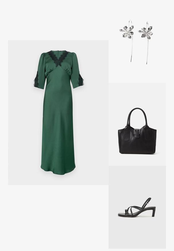 Lang grønn satengkjole med V-hals og svarte blonder detaljer på skuldrene og ermene, med en tettsittende liv og flytende skjørt.; Sorte sandaler med stropper, firkantet tå og lav blokk hæl. Har flere tynne stropper og en justerbar ankelstropp. Laget av glatt lær.; Svart skinn toteveske med jevn tekstur, strukturert form, to håndtak og en fremtredende sølvspenne foran.; Sølvblomstformede ørevipper med en teksturfinish, der har lange kroker og kronbladlignende detaljer for et intrikat design.