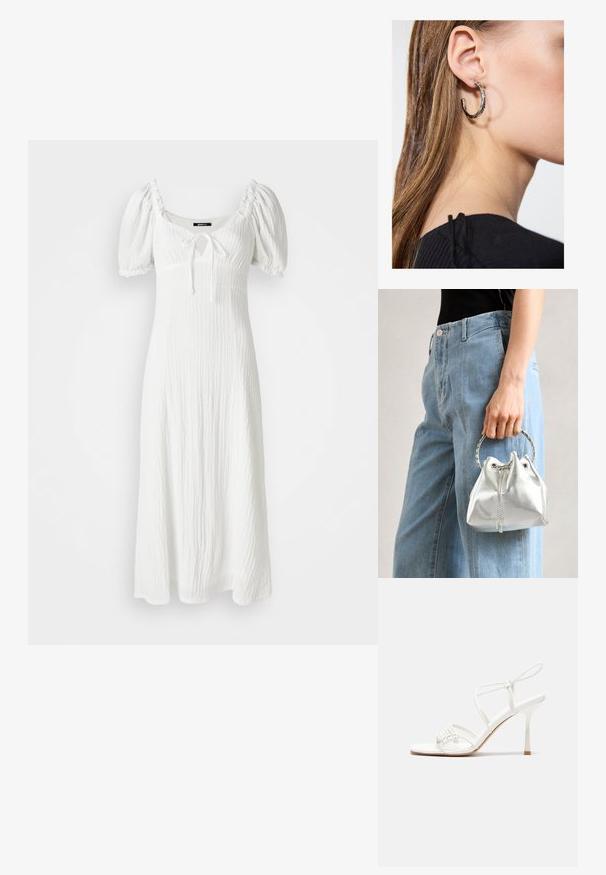 Bela obleka z teksturirano tkanino, napihnjenimi rokavi, kvadratnim izrezom in zavezovanjem na oprsju. Segajoča do sredine meč.; Bela sandala na visoki pet z zavezanimi trakovi, z ravnim podplatom, teksturirano sprednjo stranjo z nabranimi detajli in ozkim gležnjenjem.; Metalna srebrna torba na ramenu z zrnato površino, okrašena s srebrnim okroglim ročajem in zapiranjem na vrvico, držana ob svetlo modrih džinsih.; Srebrna obročasta uhana s polirano površino, ki vključuje majhne zlate poudarke in okroglo obliko, nošena na ušesnem lobu.