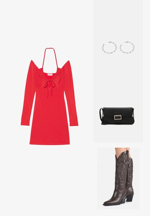 Rdeča obleka iz elastičnega materiala; ima dolge rokave, kvadratni izrez s naborki in vezavo spredaj.; Rjave usnjene kavbojske čevlje z ostrim nosom in blok peto, ki vsebujejo podrobno šivanje in dvignjene dodatke na zgornjem delu.; Črna usnjena torbica na preklop z zlato kovinsko zaponko. Vključuje črn trak in eleganten, minimalističen dizajn.; Srebrni uhani v obliki obročka s spiralnim dizajnom, ki imajo sijajno površino in zapiralo na zadnji strani. Mere znašajo približno 3 cm v premeru.