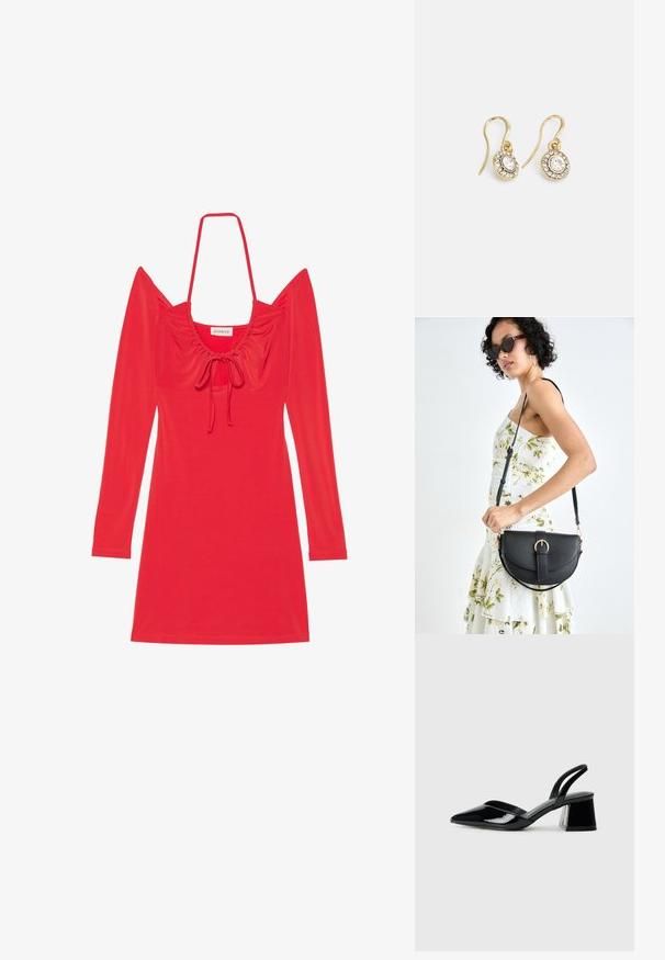 Punainen mekko, joka on valmistettu joustavasta kankaasta; siinä on pitkät hihat, neliökaula-aukko kerrossomistuksella ja solmimisosa edessä.; Mustat patentoitu nahkakengät, joissa on säären takaosa ja terävä kärki, sekä geometrinen palikkakorko. Sisältää tyylikkään, minimalistisen muotoilun ja sileän pinnan.; Musta nahkainen käsilaukku, joka on kaareva muotoilultaan, irrotettavalla hihnalla ja kultaisilla yksityiskohdilla. Laukussa on läppä, jossa on solk yksityiskohta.; Kultaiset korvakorut, joissa on soikeat, läpinäkyvät kivet, joita ympäröivät pienemmät läpinäkyvät kivet. Korvakoruissa on koukkuminen, joka takaa turvallisen käytön.