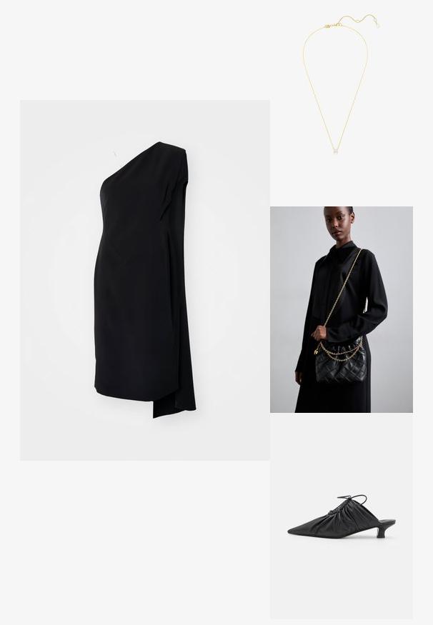 Juoda asimetrinė suknelė su viena petneša, pagaminta iš glotnaus audinio, su drapiruotu dizainu ir šonine plyšio detale.; Juodos odinės mules su smailiu pirštu, susiraukšlinta tekstūra ir mažais kitten kulniukais. Turi raištelio detalę prie atidarymo.; Juodas susegamas odinis rankinukas su susiraukšlėjusia viršuje, auksine grandine ir stačiakampiu pavidalu, laikomas prieš paprastą foną.; Auksinė grandinėlė su vienu deimanto pakabuku, elegantiško dizaino su tekstūruota grandinėlė, reguliuojamo ilgio, blizga po šviesa.