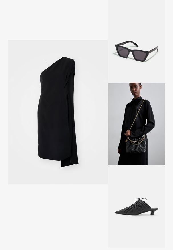 Čierne asymetrické šaty s jedným ramenom, vyrobené z hladkej látky, s drapériou a bočným rozparkom pre zvýšenie detailu.; Čierne kožené slip-on mule s špicatou špičkou, zberanou textúrou a malým podpätkom. Obsahuje šnúrovací detail na otvorení.; Čierne, ostré slnečné okuliare so sivými sklami; vyrobené z plastu, majú hrubé ramená s hladkým povrchom a bez viditeľnej mechaniky.; Čierna prešívaná kožená kabelka s naťahovacím vrchom, zlatým reťazovým popruhom a obdĺžnikovým tvarom, držaná pred jednoduchým pozadím.