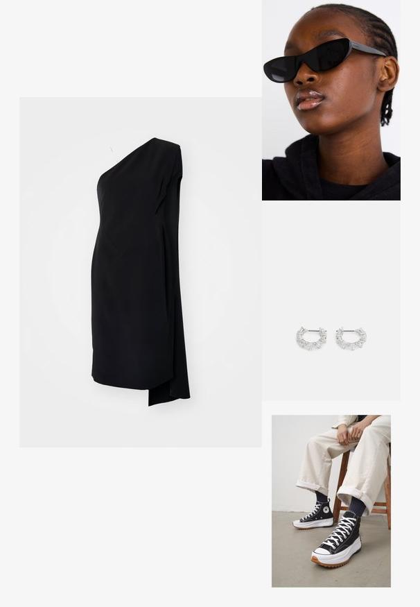 Čierne asymetrické šaty s jedným ramenom, vyrobené z hladkej látky, s drapériou a bočným rozparkom pre zvýšenie detailu.; Čierne vysoké tenisky so bielymi šnúrkami a gumenou špičkou. Hrubá biela podrážka s štruktúrovanou hnedou podrážkou, nosené s námorníckymi pruhovanými ponožkami.; Čierne slnečné okuliare v štýle mačacích očí s matným povrchom, s elegantným dizajnom a jemne zakrivenými hranami, umiestnené na pozadí modela v tmavom oblečení.; Strieborné kruhové náušnice s jasnými, obdĺžnikovými a trojuholníkovými kryštálmi usporiadanými v vzorovom dizajne. Západky pre zabezpečenie upevnenia.