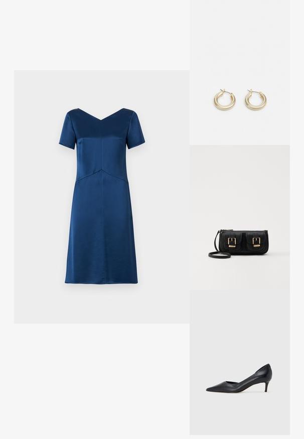 Rövid ujjú, V-nyakú ruha sima, sötétkék selyemből, fitted bodiccel és A-vonalú szoknyával, a mell alatt varrási részlettel.; Fekete bőr magassarkú cipő hegyes orral és alacsony sarokkal. Sima felülettel és enyhe fényű kialakítással rendelkezik. Az elején nyitott részlet a fokozott díszítésért.; Fekete bőr keresztbody táska két elülső zsebbel, arany csattokkal, cipzáras záródással és vékony pánttal. Textúrált felület és kompakt téglalap alak.; Lauren Ralph Lauren BASIC SMALL HOOP - Fülbevalók - gold-coloured