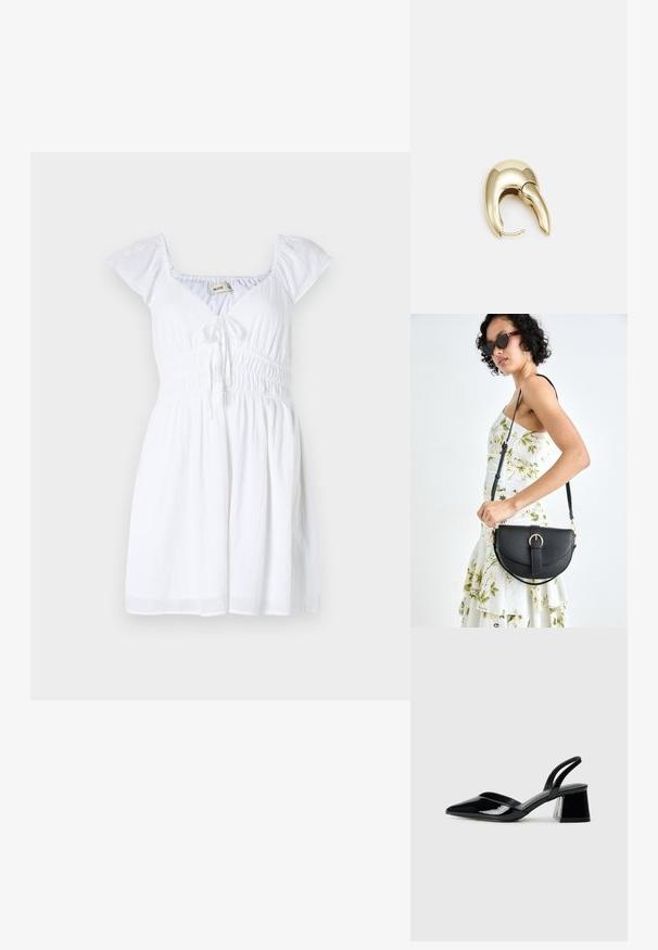 Balta kleita ar īsām, puffētām piedurknēm, V-veida kakla izgriezumu un smockētu jostasvietu, ar saites detaļu priekšpusē un plūstošu svārku.; Melna lakota āda ar atvērto papēdi, ar smailu purngalu un ģeometrisku blokpapēdi. Iezīmējas elegants, minimāls dizains un gluda tekstūra.; Melnas ādas rokassoma ar izliekta formu, noņemamu siksnu un zelta aksesuāriem. Somai ir vāciņš ar sprādzes detaļu.; Zeltīti metāla auskari ar gludu, izliekta dizaina. Ar atšķirīgu smailu formu, pulētu virsmu un eņģu aizdari.