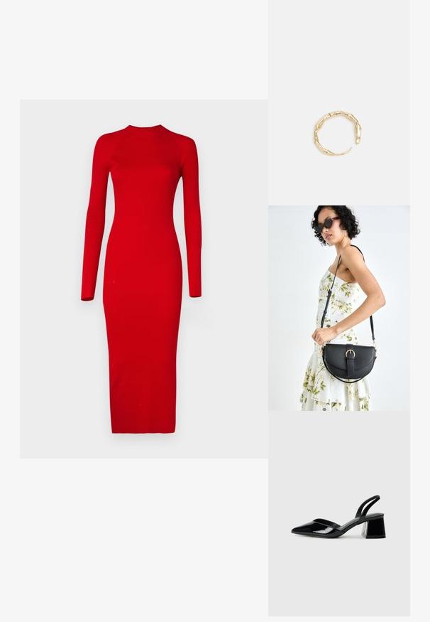 Vero Moda Tall VMWILLOW DRESS - Strikkjoler - salsa; Sorte patentlæder slingback hæle med spids tå og en geometrisk blok hæl. Har et elegant, minimalistisk design og en glat tekstur.; Sort læderhåndtaske med en buet form, aftagelig rem og guldfinish. Tasken har en klap med en spænde detalje.; Guld-tone ring med et organisk, snoet design, glat overflade og affasede ender, hvilket skaber et moderne, skulpturelt udseende.
