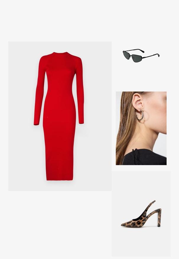 Vero Moda Tall VMWILLOW DRESS - Abito in maglia - salsa; Décolleté con stampa leopardata, dotato di cinturino alla caviglia e tacco a blocco trasparente. Realizzato in materiale lucido con una superficie morbida.; Occhiali da sole in stile black metal con montatura angolare e lenti scure. Presentano aste sottili e dritte e naselli per una vestibilità sicura.; Orecchino a cerchio in argento con finitura lucida, caratterizzato da piccoli dettagli in oro e una forma tondeggiante, indossato sul lobo.